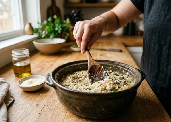 Riz remué à la cuillère en bois